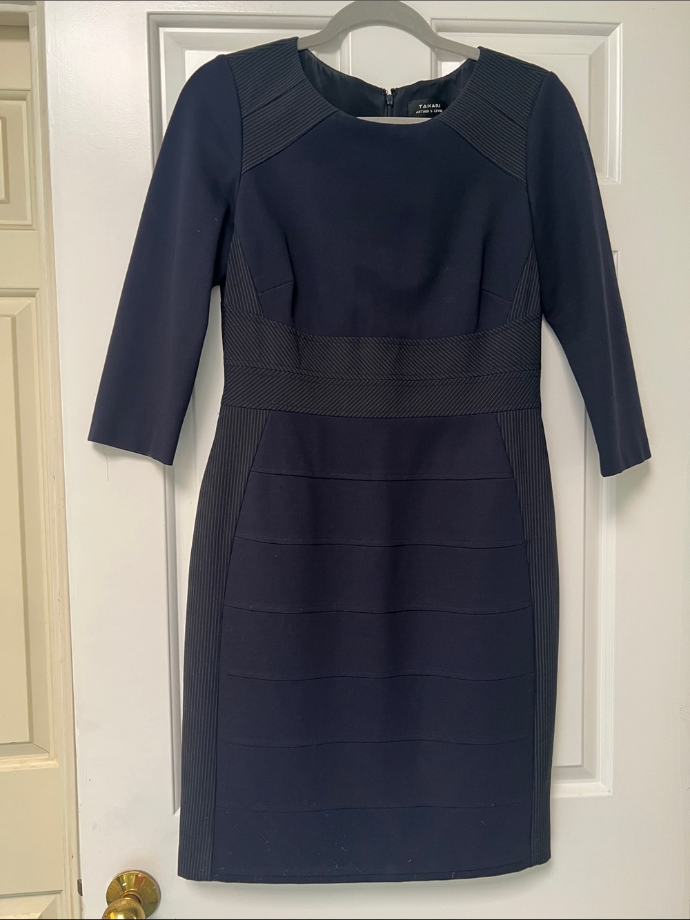 Tahari ASL Dark Navy Ponte Sheath Dress with Textured Panels